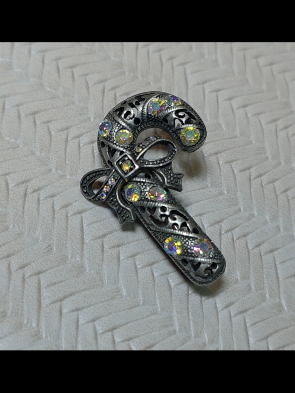 Vintage Silver Tone Candy Cane Brooch • AB Rhinestone Openwork Holiday Pin